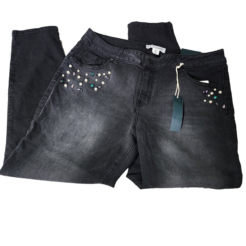 Artisan NY Ankle Skinny Jeans 14 Black‎ Pearl Rhinestone Stretch Mid Rise Denim